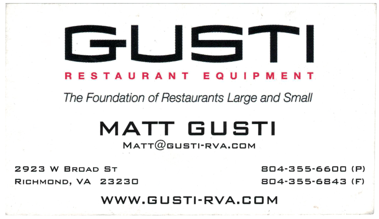 Gusti Restaurant Equipment Current Business Card